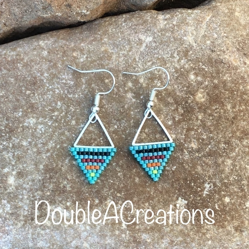 Turquoise with Native Colors Triangle Beaded Earrings, New, Handmade By Me